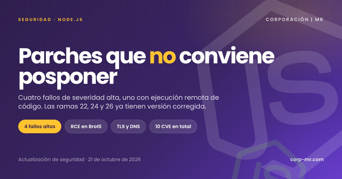 Node.js: cuatro fallos altos y uno con ejecución remota en los parches de octubre