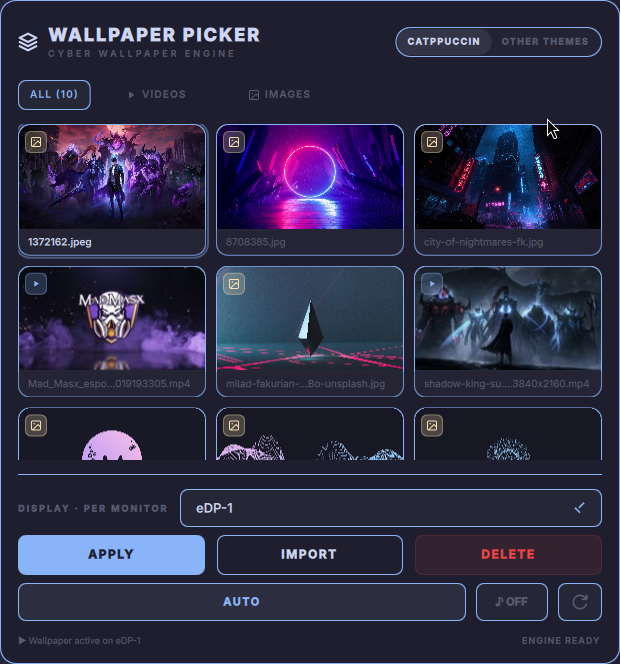 Panel de Wallpaper Picker en Omarchy con la rejilla de fondos